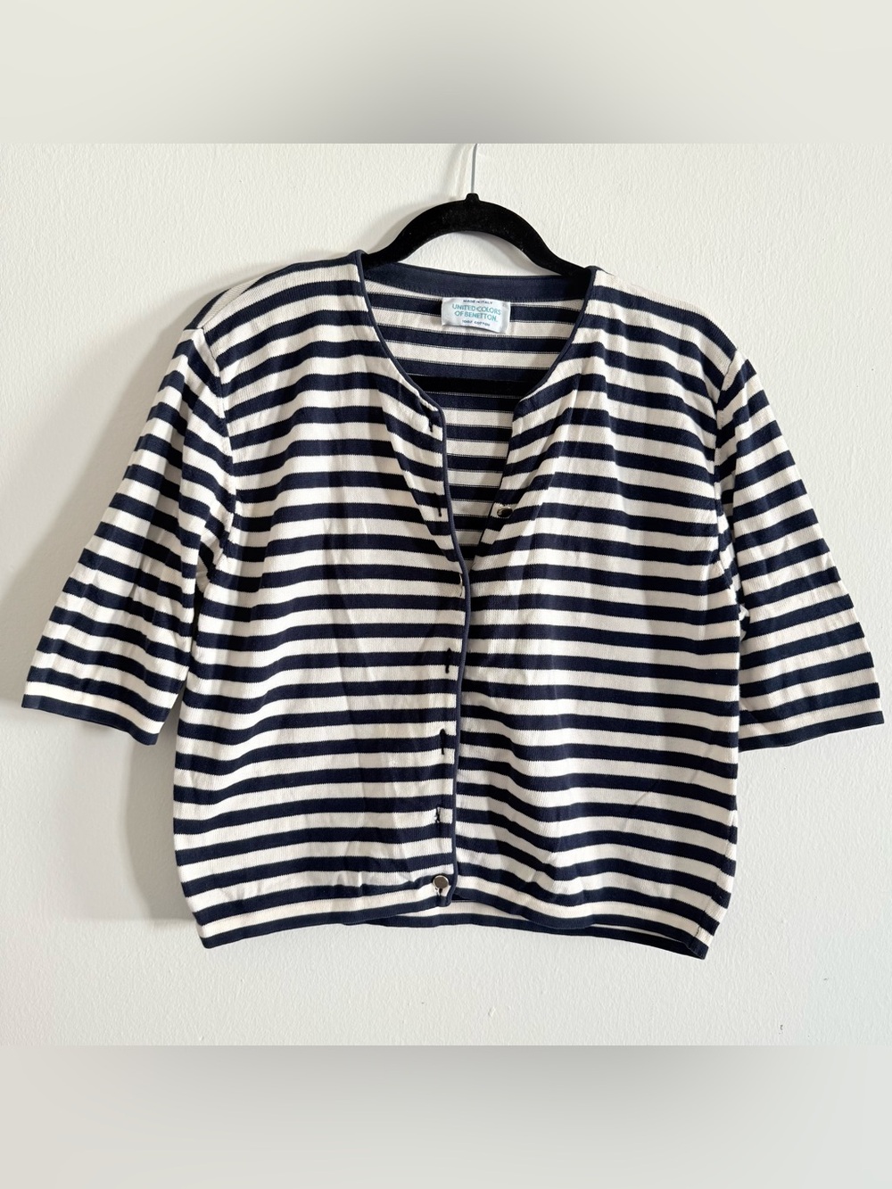 United Colors Of Benetton Navy and White Striped Cropped Cardigan